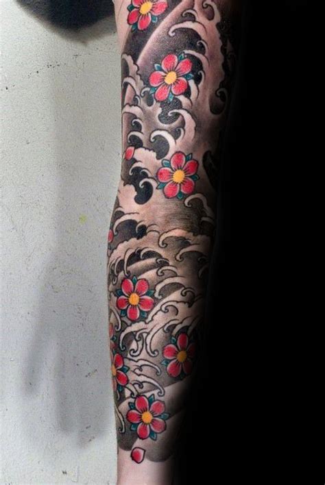 Traditional Japanese Cherry Blossom Mens Water Waves Sleeve Tattoos ...