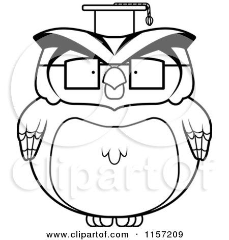 Cartoon Clipart Of A Black And White Chubby Owl Professor - Vector ...