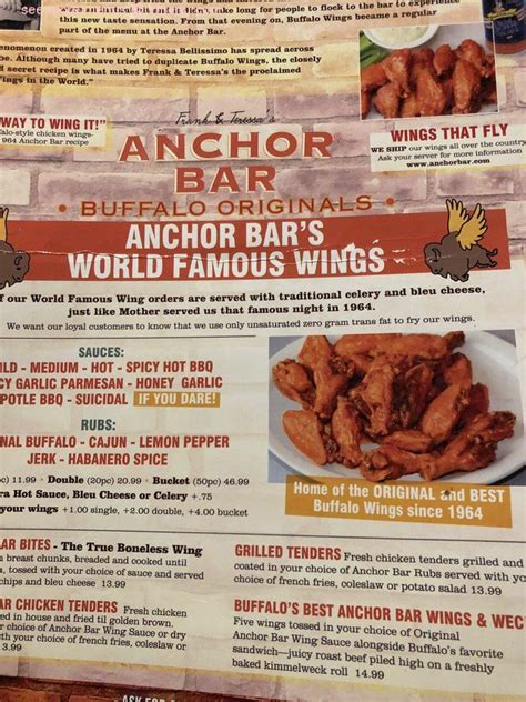 Menu at Anchor Bar Niagara Falls, Niagara Falls