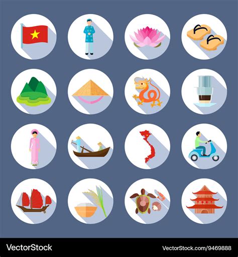 Vietnamese symbols flat round icons set Royalty Free Vector