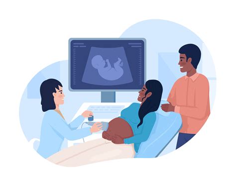 Pregnant woman undergoing ultrasound scan with partner 2D vector ...