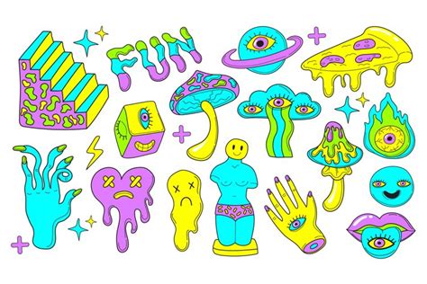 Psychedelic emoji stickers. Cartoon mushroom retrowave art,