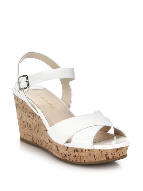 Prada Cork-wedge Patent Leather Sandals in White | Lyst