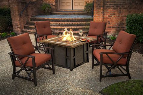 5-Piece Stone Square Gas Fire Pit Table Set w/ Red Aluminum Patio ...