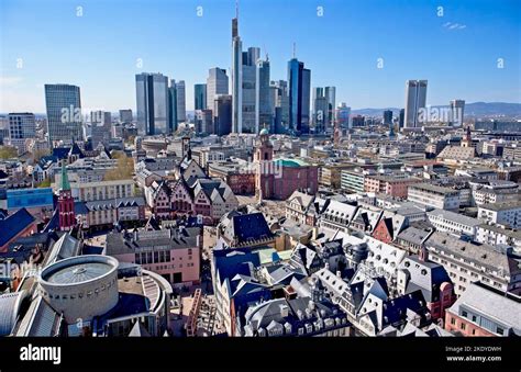 An aerial view of the Frankfurt skyline with colorful medieval ...