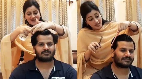 Navneet Kaur Cutting hair to her husband | Navneet Kaur Make fun with ...