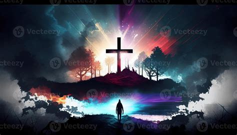 Religion landscape background, christian cross on nature backdrop ...