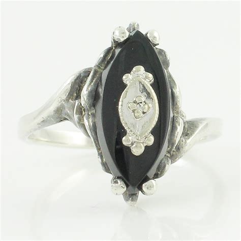 Silver Onyx Ring - Vintage Sterling Marquise Black Onyx and Diamond ...