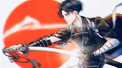 Attack On Titan Levi Ackerman With Sword With Background Of Red Circle ...