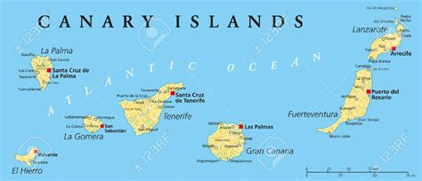 Islas Canarias Mapa Político Con Lanzarote, Fuerteventura, Gran Canaria ...