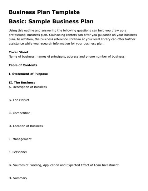 Free Printable Business Plan Template Form (GENERIC)