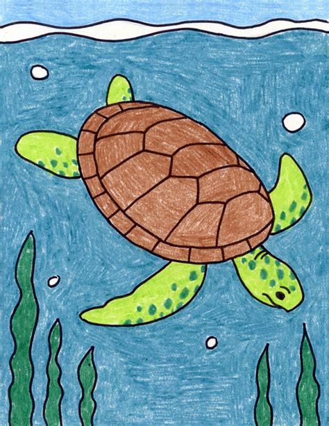 Sea Animals Drawing With Colour - Dessin De Crayon Coloré De Tortue De ...