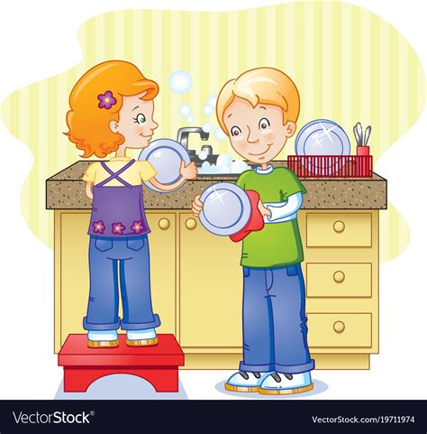 Children doing dishes Royalty Free Vector Image