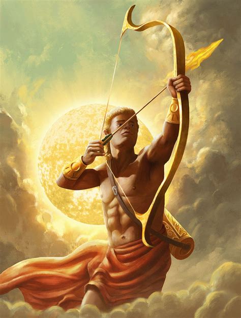 a painting of a man holding a bow and arrow in front of the sun with clouds