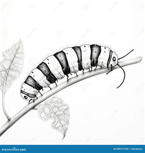 Bold Ink Illustration of Caterpillar on Leaf: Perspective Rendering ...