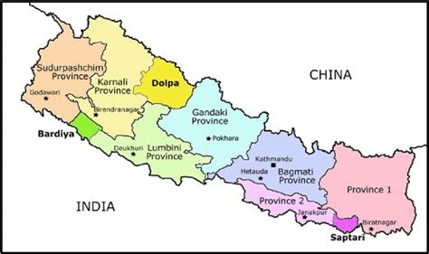 Map of Nepal showing new provincial boundaries (adapted by the authors ...