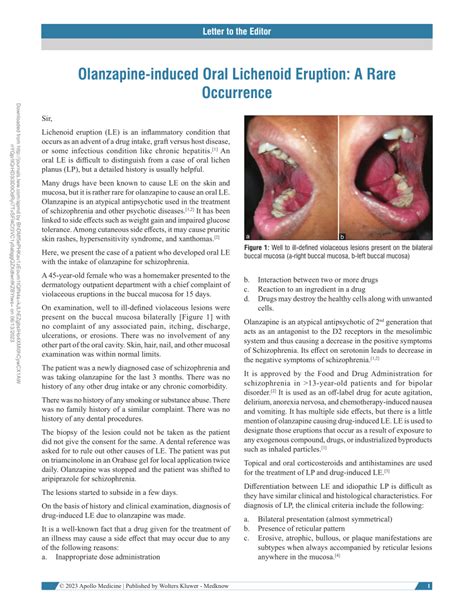 (PDF) Olanzapine-induced Oral Lichenoid Eruption: A Rare Occurrence