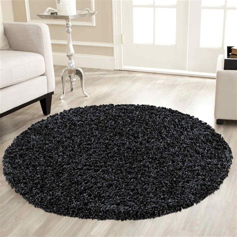 Plain Round Shaggy Black Circular Rugs For Dining Room