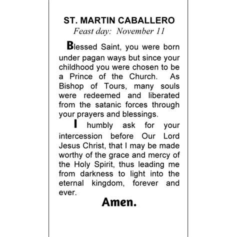 Saint Martin Caballero Paper Prayer Card, Pack of 100