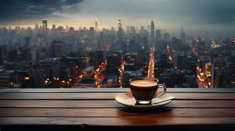 Premium AI Image | Coffee cup on wooden table steam rising cityscape ...