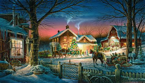 2732x768px | free download | HD wallpaper: Christmas village painting ...