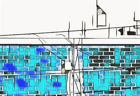 Blue And Dark Blue Brick Building With Wire Background Digital Art by ...