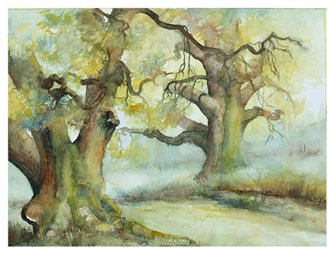 Majestic Oak Trees in Watercolor