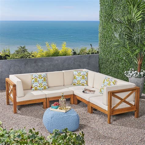 Elisha Outdoor 5 Piece Acacia Wood Sectional Sofa Set with Cushions ...