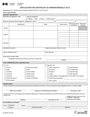 APPLICATION FOR CERTIFICATE OF AIRWORTHINESS (C OF A) Instructions: See ...