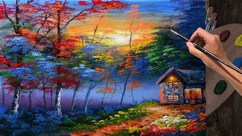 House in the Autumn forest during Sunset with Easy Acrylic Painting ...