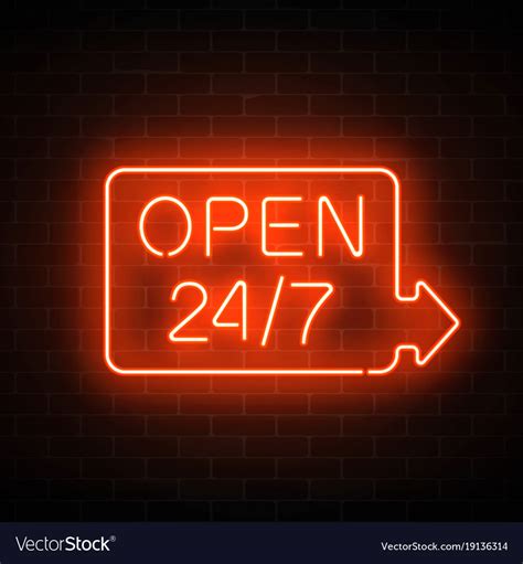 Neon open 24 hours 7 days a week sign in Vector Image