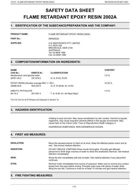 safety data sheet flame retardant epoxy resin 2002a - WES ...