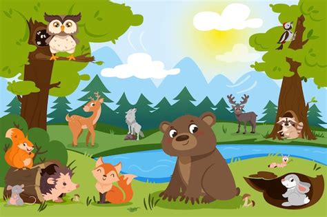 Free Vector | Cartoon forest animals in wild nature