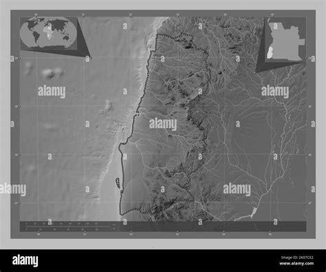 Namibe, province of Angola. Grayscale elevation map with lakes and ...