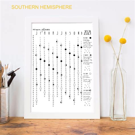 Southern Hemisphere Calendar 2021 Lunar Phases Calendar Moon | Etsy