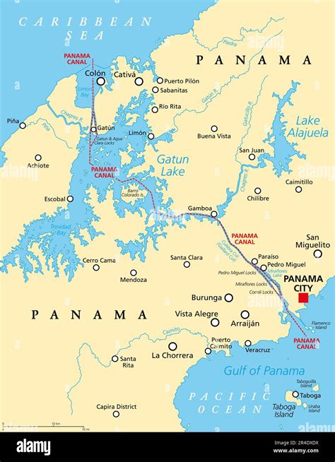 Panama Canal, political map. Artificial waterway in Panama, connecting ...