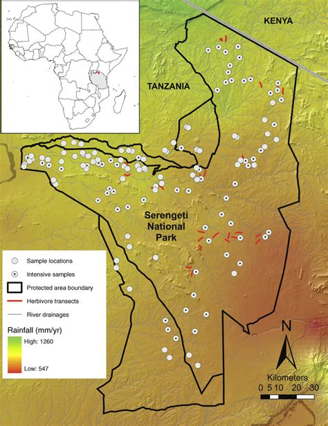 Map of Serengeti National Park and protected areas (black lines ...