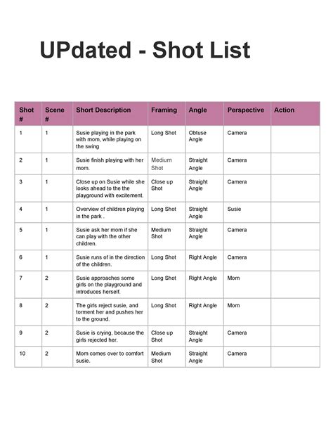 Shot List Template Photography