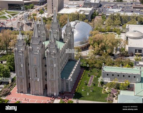 Aerial view of Temple Square, Salt Lake Temple and Tabernacle. Church ...