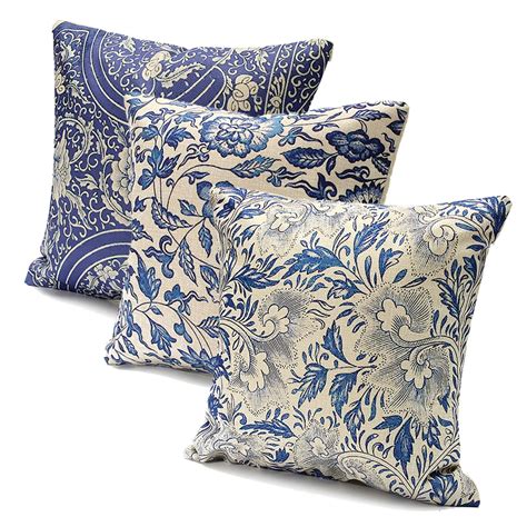 18x18inch Vintage Oriental Blue Floral Linen Decorative Throw Pillow ...