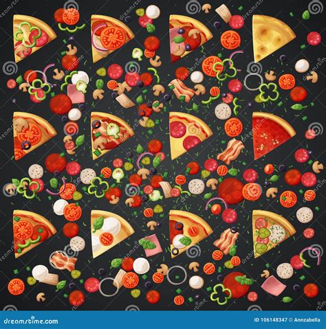 Various Pizza Top View Slices and Ingredients Stock Vector ...