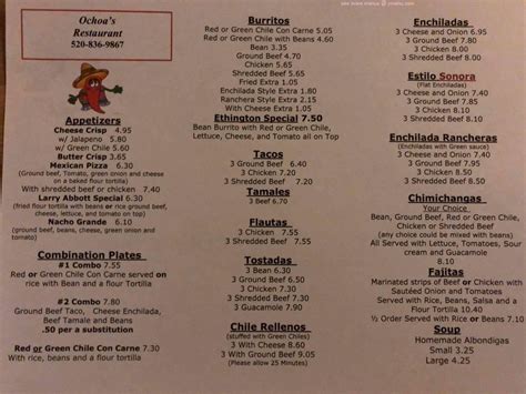 Menu at Ochoa's restaurant, Casa Grande