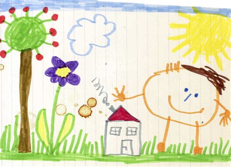 Child's drawing, happy child, house and garden stock photo