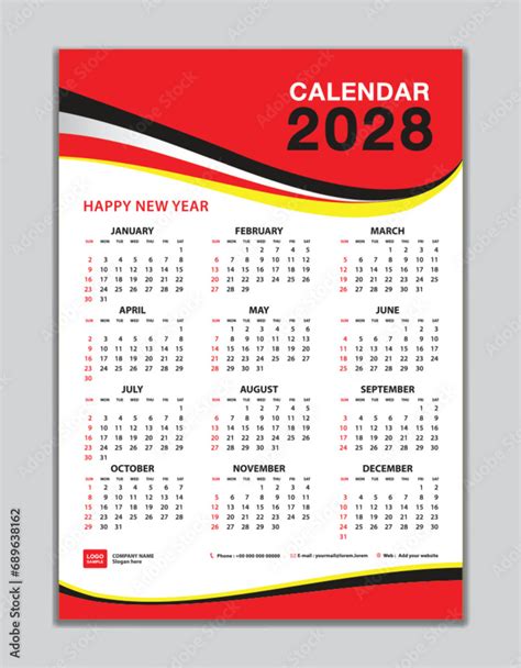 Wall calendar 2028 template, calendar 2028 design, red wave background ...