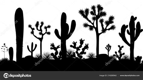 Desert seamless pattern with silhouettes of joshua trees, opuntia, and ...