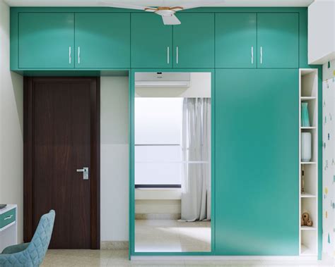 2-Door Sliding Door Mirrored Wardrobe Design In Aqua Green | Livspace