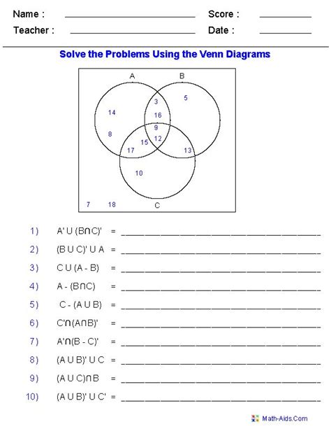 Venn Diagram Worksheets - Set Notation Problems Using Three Sets | Venn ...