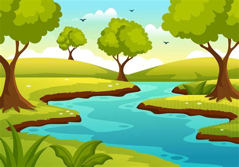 río paisaje ilustración con ver montañas, verde campos, arboles y ...