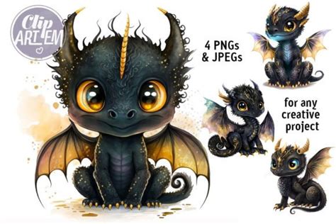 Cute Black Dragon Wall Art 4 JPEGs Set Graphic by clipArtem · Creative ...