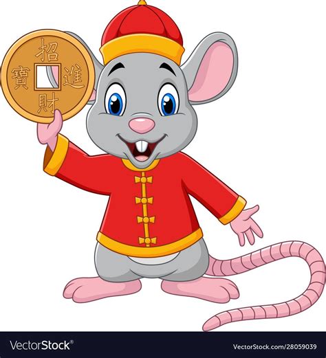 Illustration of Cartoon rat in Chinese traditional costume holding gold ...